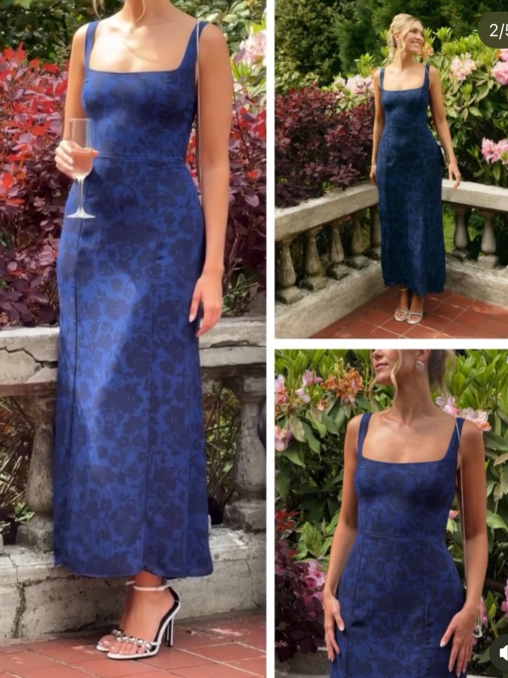 Park and Fifth Remington Navy Blue Floral-Jacquard Square-Neck Maxi Dress